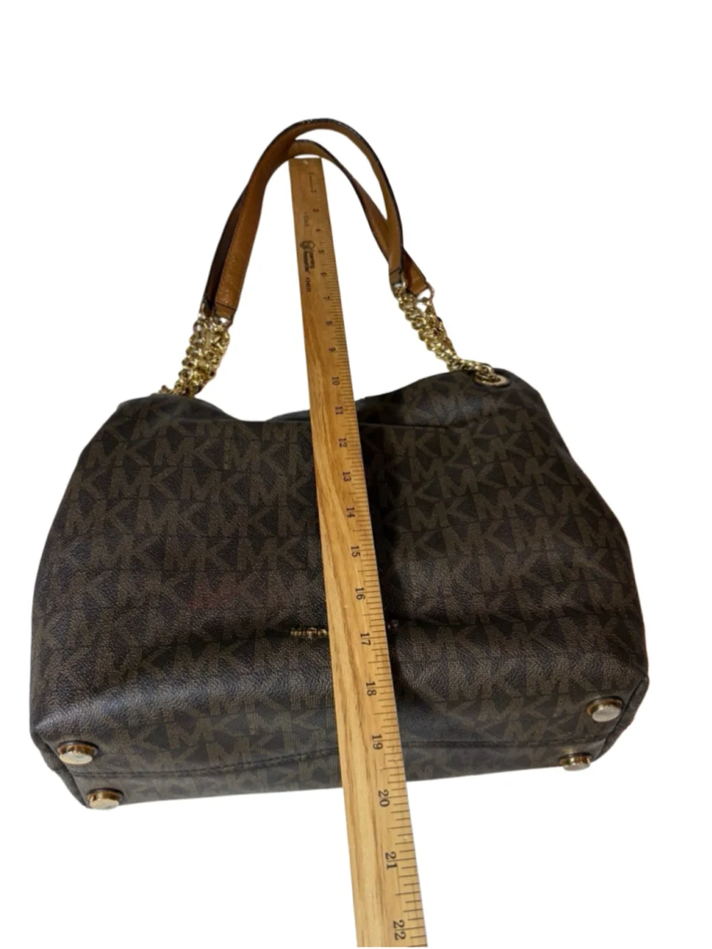 Michael Kors Brown Signature Logo Chain Shoulder Tote Bag Leather Trim